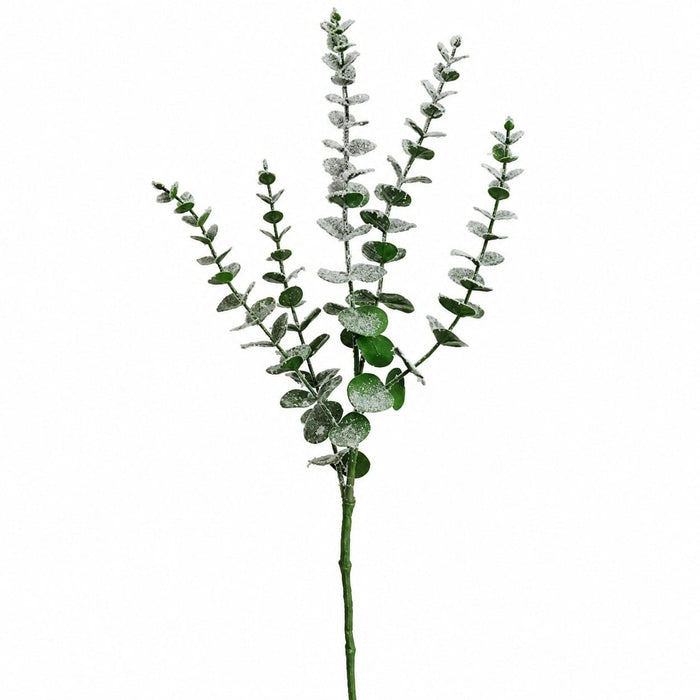 29" Artificial Glittered & Flocked Eucalyptus Stem -White/Green (Pack of 24) - XFI320-WH/GR