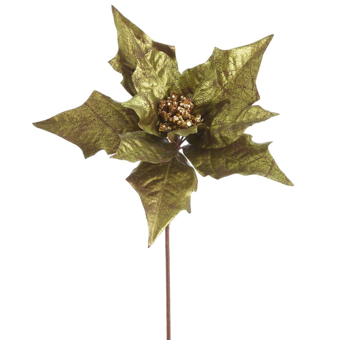 17" Metallic Poinsettia Artificial Flower Stem Pick -Green (Pack of 24) - XFK001-GR