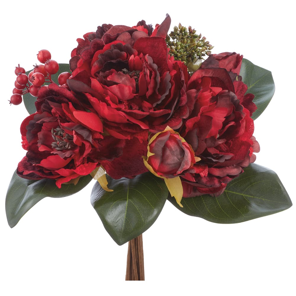 13" Peony, Berry & Secum Artificial Flower Bouquet -Burgundy/Green (Pack of 6) - XFQ001-BU/GR