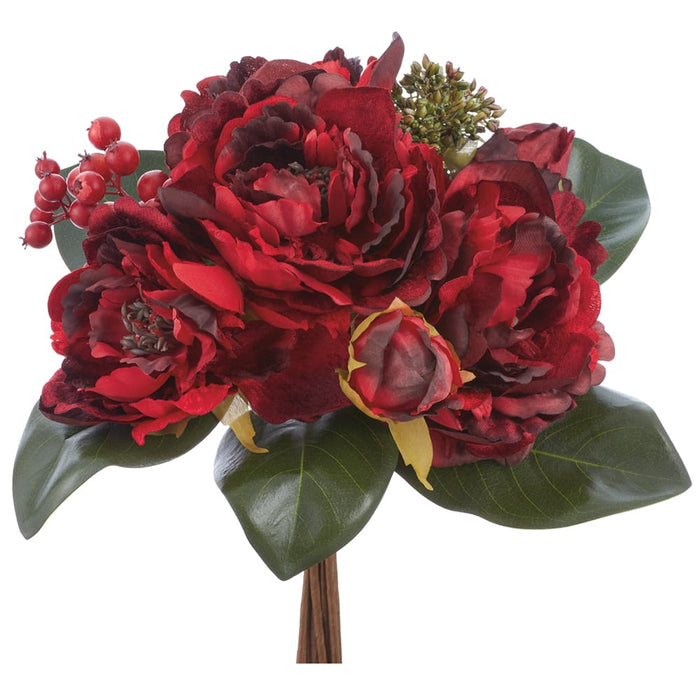 13" Peony, Berry & Secum Artificial Flower Bouquet -Burgundy/Green (Pack of 6) - XFQ001-BU/GR