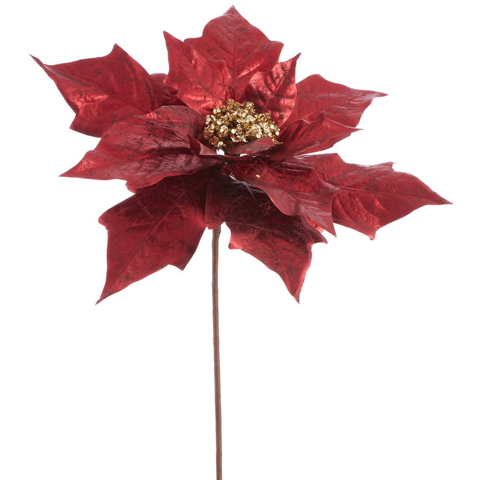 25" Metallic Poinsettia Artificial Flower Stem -Burgundy (Pack of 12) - XFS019-BU