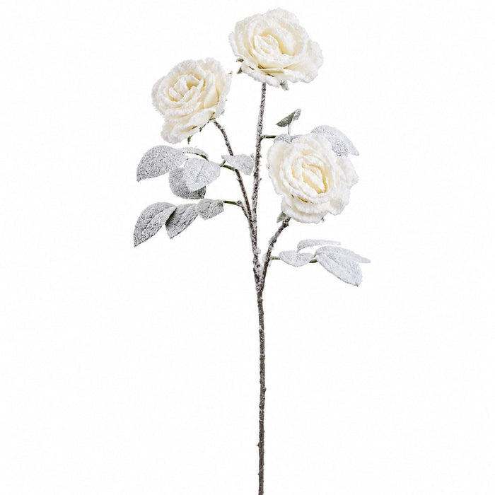30" Flocked Rose Artificial Flower Stem -White (Pack of 8) - XFS153-WH