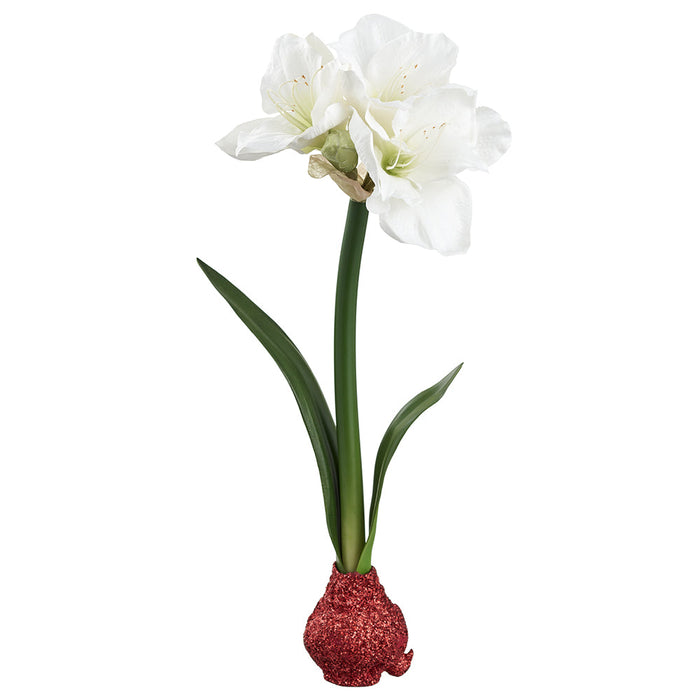 22" Standing Artificial Amaryllis Flower Stem With Glittered Bulb -White (Pack of 4) - XFS276-WH