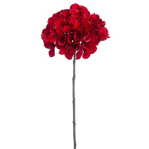 26.5" Glittered Velvet Hydrangea Artificial Flower Stem -Red (pack of 12) - XFV012-RE/GL