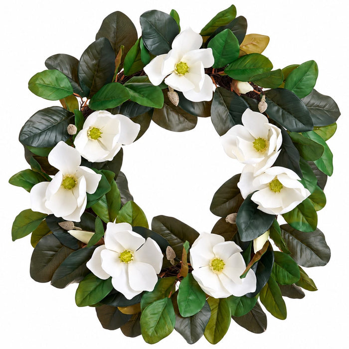 28" Magnolia Silk Flower Wreath -White/Green (Pack of 2) - XFW001-WH