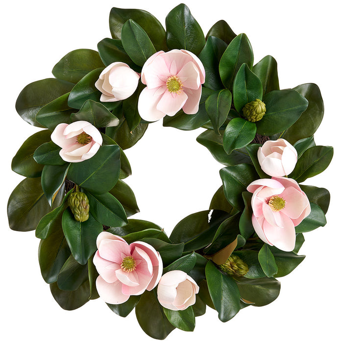 26" Magnolia Silk Flower Wreath -Pink/Green (Pack of 2) - XFW180-PK/GR