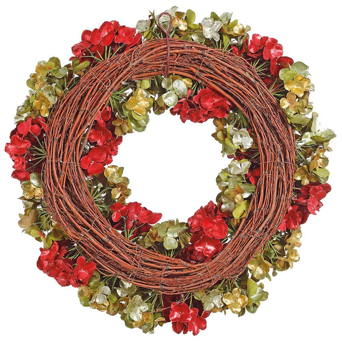 22" Glittered Metallic Silk Hydrangea Wreath -Red/Green (Pack of 4) - XFW634-RE/GR