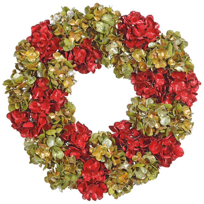 22" Glittered Metallic Silk Hydrangea Wreath -Red/Green (Pack of 4) - XFW634-RE/GR