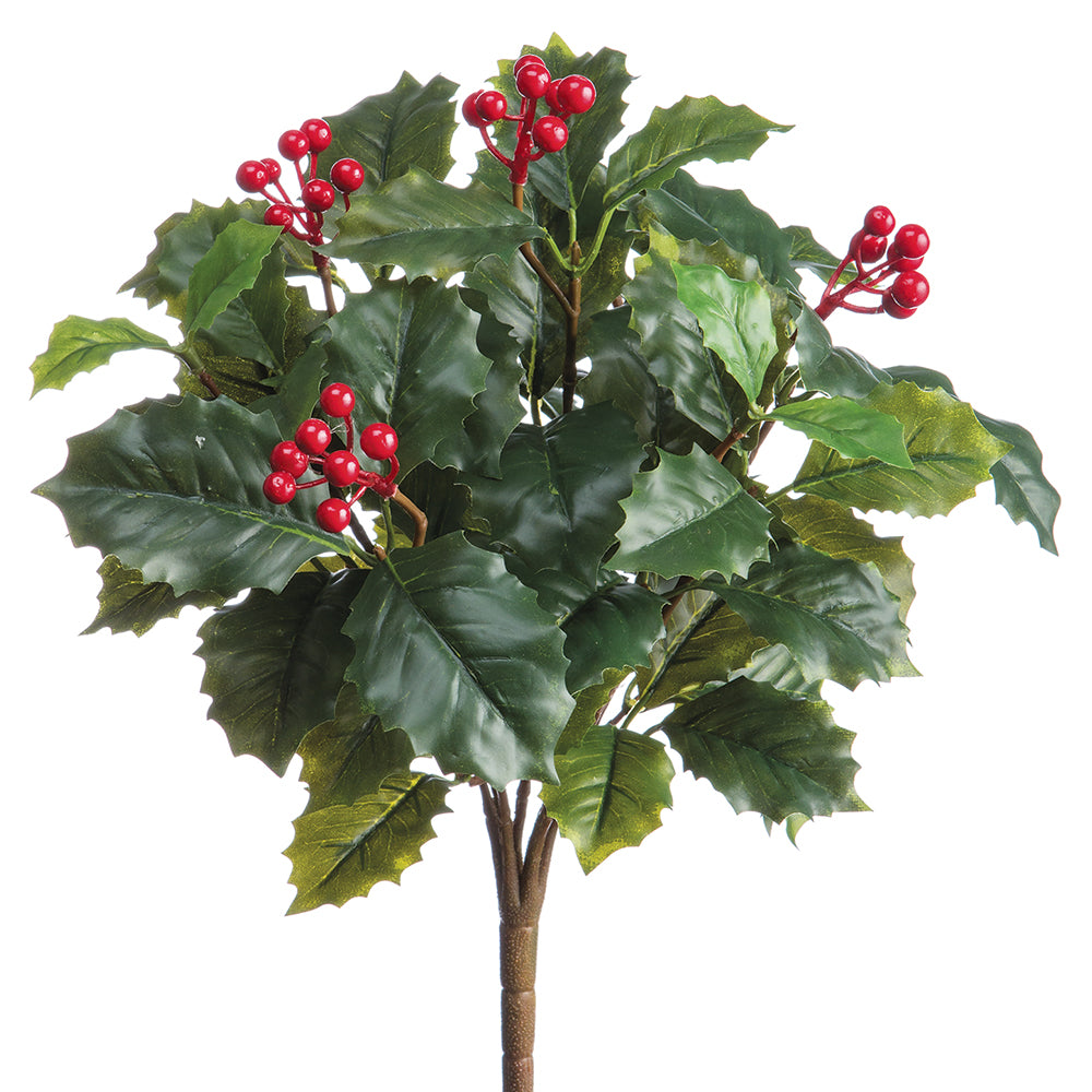 27 Artificial Holly Leaf & Berry Stem -Variegated/Red