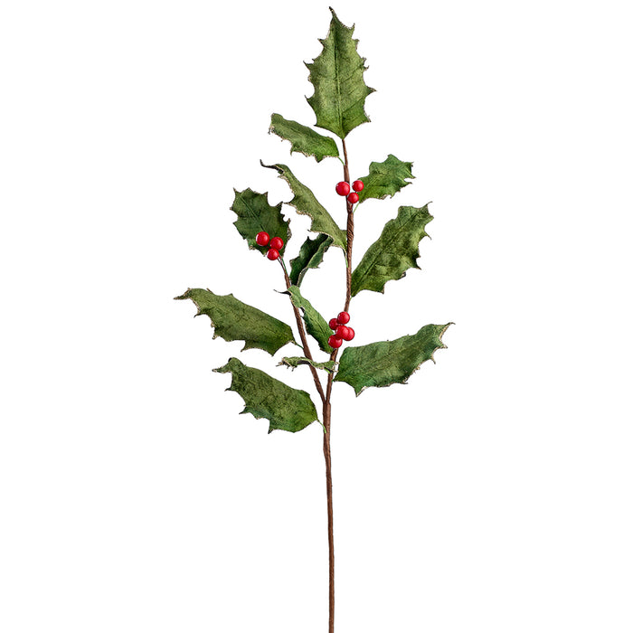 28" Velvet Artificial Holly Leaf & Berry Stem -Green/Red (pack of 6) - XHS268-GR/RE