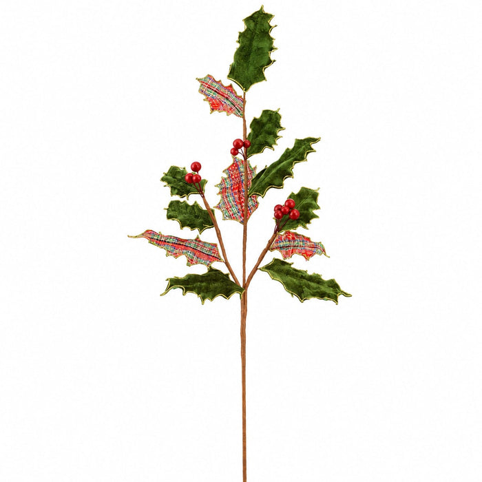 29" Velvet Plaid Holly Leaf & Berry Artificial Stem -Green/Red (Pack of 12) - XHS412-GR/RE