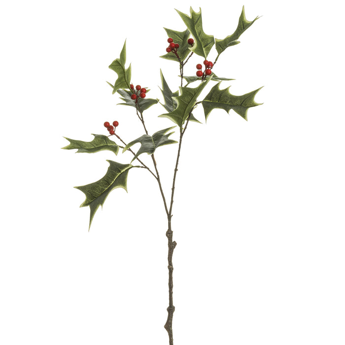 26 Artificial Holly Leaf & Berry Stem -Green
