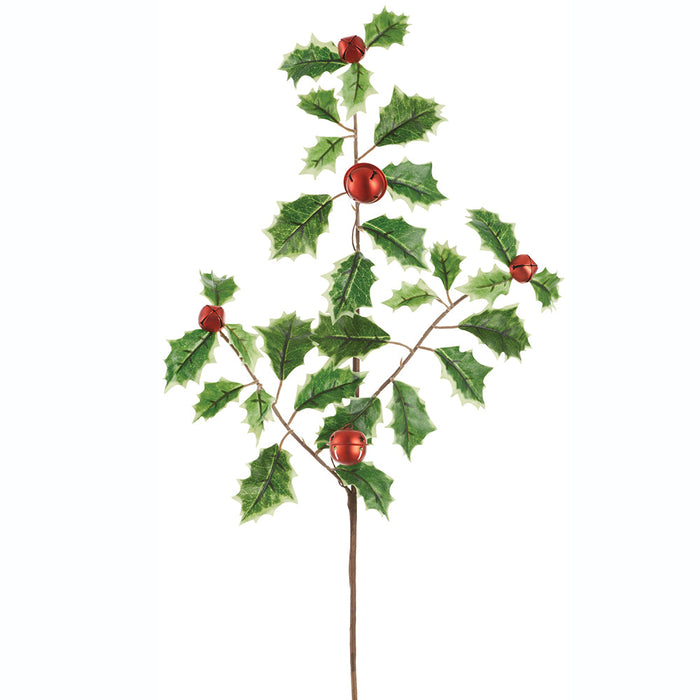 23" Artificial Velvet Holly Leaf Stem With Jingle Bells -Variegated/Red (Pack of 12) - XHS933-VG/RE