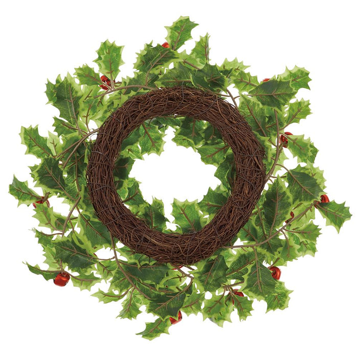 16" Artificial Holly Leaf With Jingle Bells Wreath -Variegated/Red (Pack of 6) - XHW169-VG/RE