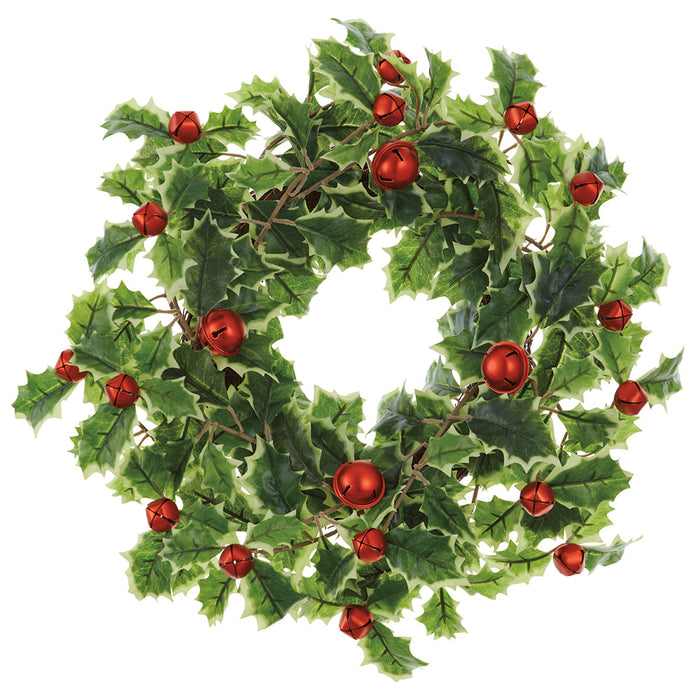16" Artificial Holly Leaf With Jingle Bells Wreath -Variegated/Red (Pack of 6) - XHW169-VG/RE
