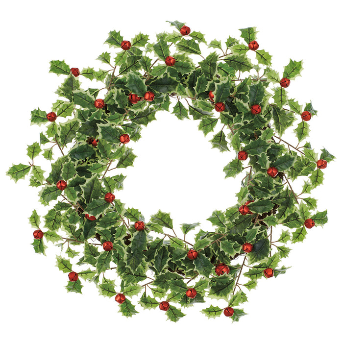 22" Artificial Holly Leaf With Jingle Bells Wreath -Variegated/Red (Pack of 2) - XHW170-VG/RE