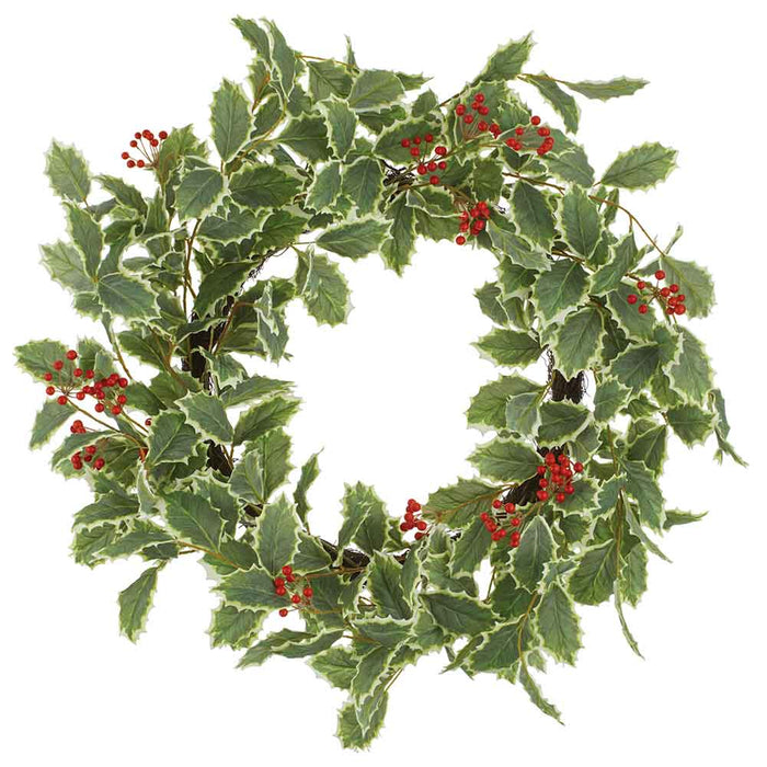 24" Artificial Holly Leaf & Berry Wreath -Variegated/Red (Pack of 2) - XHW206-VG/RE
