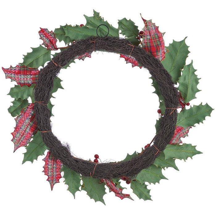 24" Velvet Plaid Holly Leaf & Berry Artificial Wreath -Green/Red - XHW414-GR/RE