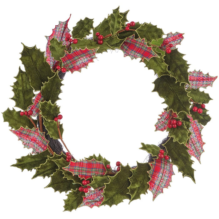 24" Velvet Plaid Holly Leaf & Berry Artificial Wreath -Green/Red - XHW414-GR/RE