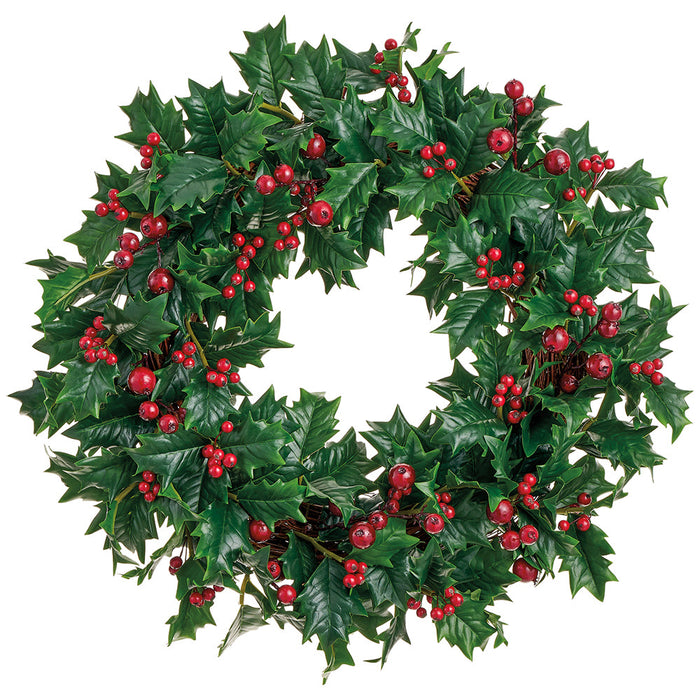 22" Artificial Holly Leaf & Berry Wreath -Green/Red (Pack of 4) - XHW545-GR/RE