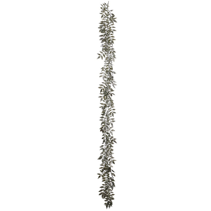 6' Glittered Smilax Leaf Artificial Garland -Green/Platinum (Pack of 6) - XIG240-GR/PM