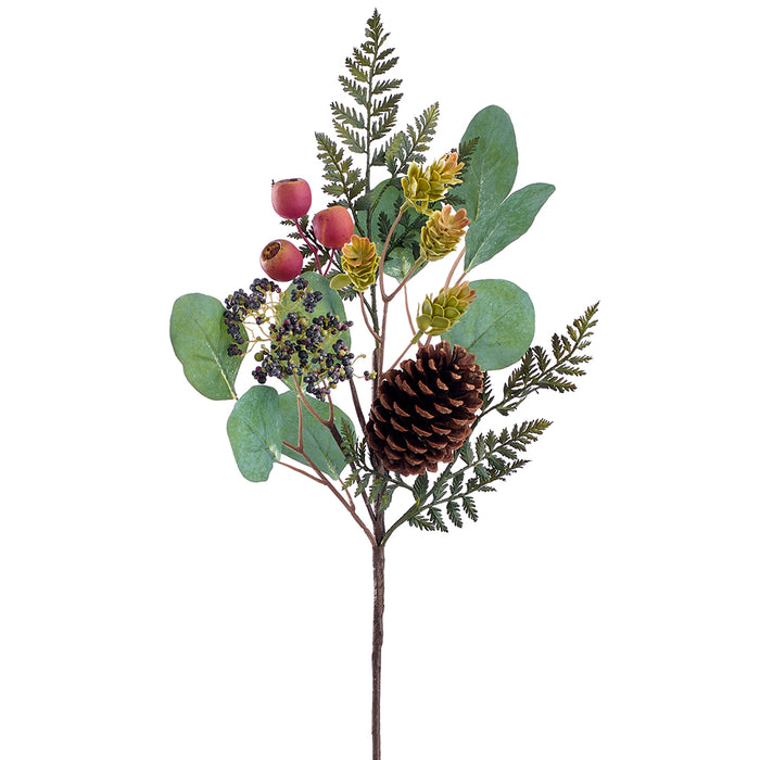 22.5" Mixed Artificial Eucalyptus Leaf, Fern, Pod & Pinecone Stem -Green/Red (Pack of 8) - XIS185-GR/RE