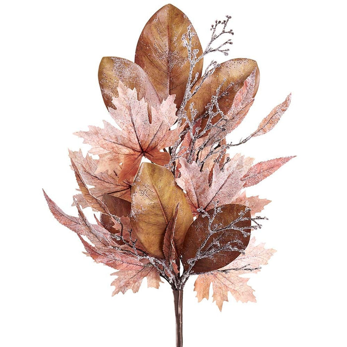 28" Iced Artificial Maple & Magnolia Leaf Stem -2 Tone Brown (Pack of 12) - XIS205-BR/TT