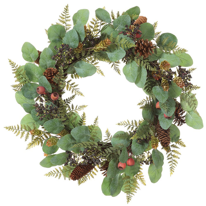 24" Artificial Eucalyptus Leaf, Fern, Pod & Pinecone Wreath -Green/Red (Pack of 2) - XIW208-GR/RE