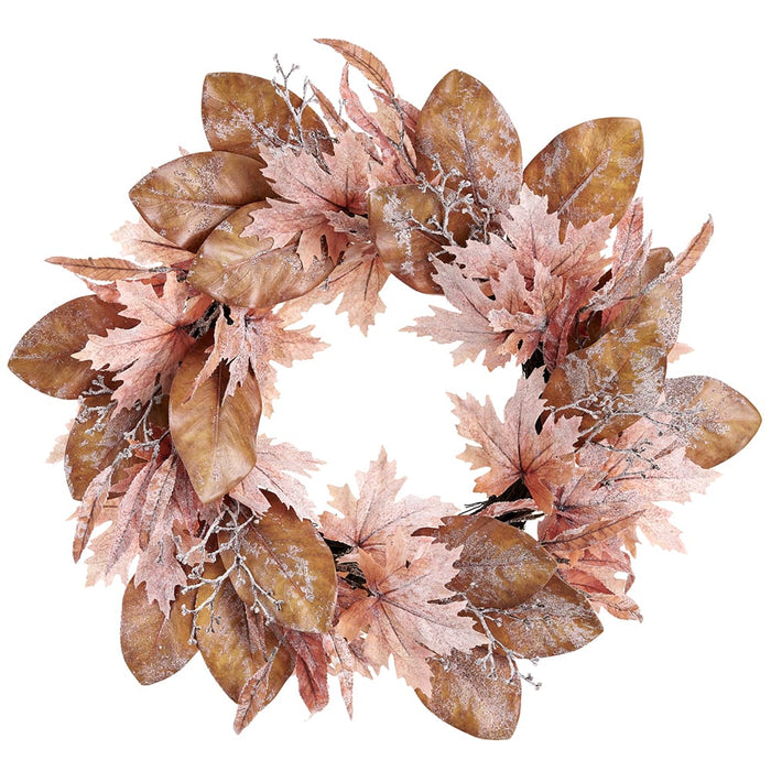 28" Iced Artificial Maple & Magnolia Leaf Wreath -2 Tone Brown (Pack of 2) - XIW500-BR/TT