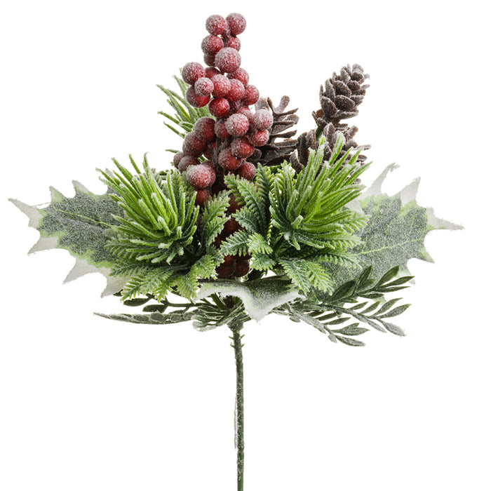 9" Snowed Artificial Holly Leaf & Plastic Pinecone With Berry Stem Pick -Red/Green (pack of 24) - XK0014-RE/GR