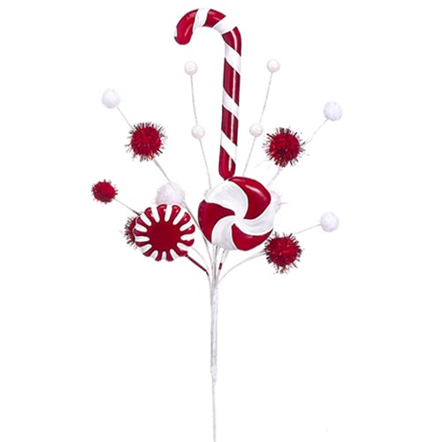 18" Artificial Candy Cane & Pompon Stem Pick -Red/White (pack of 12) - XK2410-RE/WH