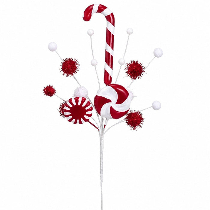 18" Artificial Candy Cane & Pompon Stem Pick -Red/White (Pack of 12) - XK2410-RE/WH
