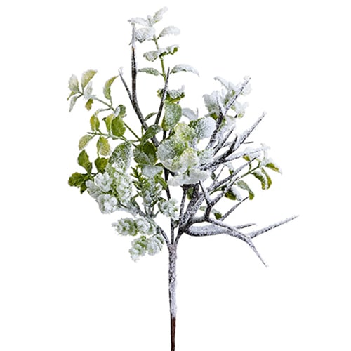 11" Snowed Artificial Mini Leaf & Sedum Stem Pick -Green/Snow (pack of 12) - XK4857-GR/SN
