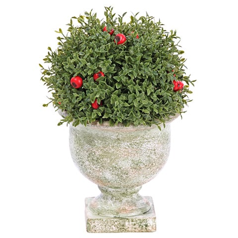 8.5" Tea Leaf & Berry Ball-Shaped Artificial Topiary w/Paper Mache Urn -Green/Red (pack of 6) - XLF036-GR/RE