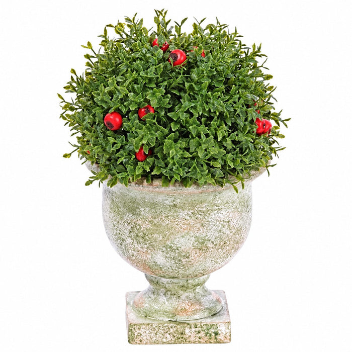 8.5" Tea Leaf & Berry Ball-Shaped Artificial Topiary w/Paper Mache Urn -Green/Red (Pack of 6) - XLF036-GR/RE