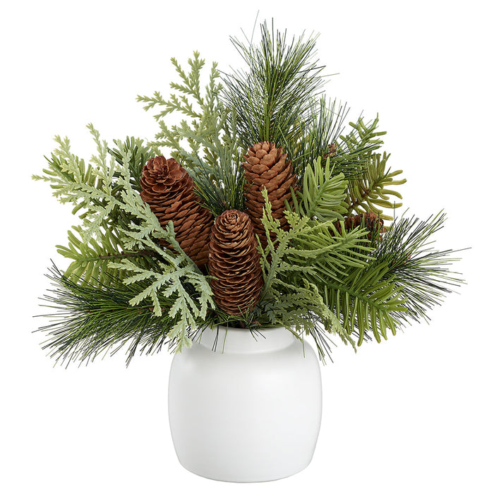12" Artificial Mixed Pine & Pinecone Arrangement w/Ceramic Vase -Green/Brown (Pack of 4) - XLF059-GR/BR