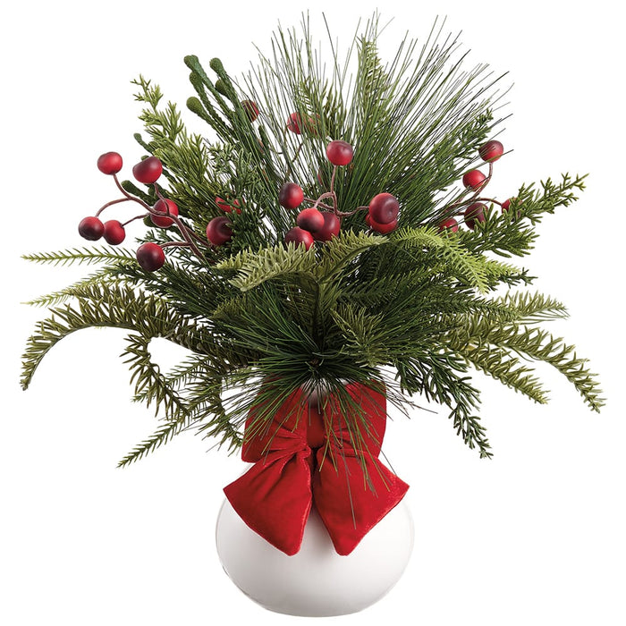 16" Berry & Mixed Pine Artificial Arrangement w/Ceramic Vase -Red/Green - XLF061-RE/GR