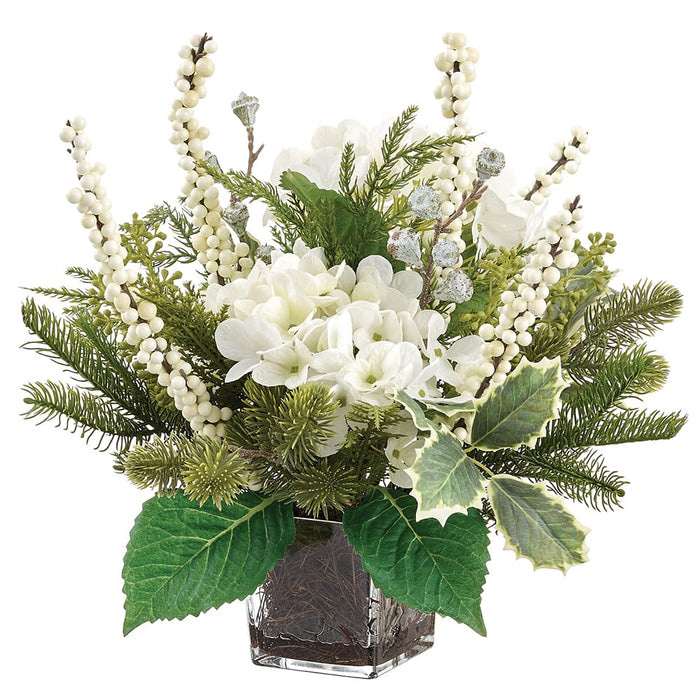16" Hydrangea Flower, Berry & Pine Artificial Arrangement w/Glass Vase -White/Green (Pack of 2) - XLF063-WH/GR