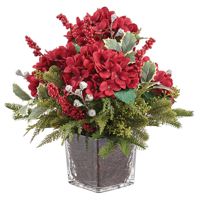 19" Hydrangea Flower, Berry & Pine Artificial Arrangement w/Glass Vase -Red/Green - XLF064-RE/GR