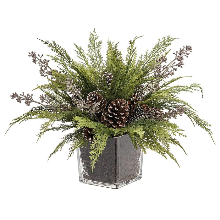 14" Pinecone & Pine Artificial Arrangement w/Glass Vase -Green/Brown (Pack of 4) - XLF066-GR/BR
