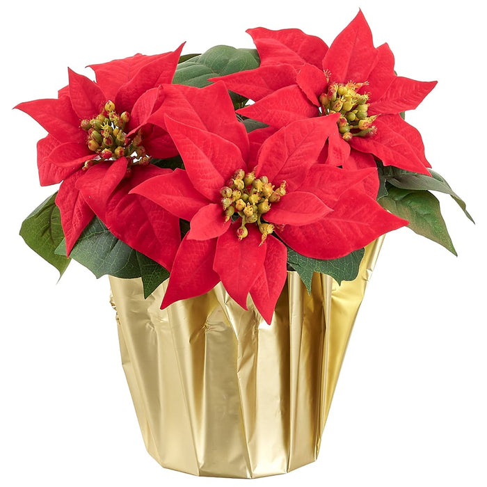 12" Velvet Poinsettia Artificial Flower Arrangement w/Gold Foil Wrap -Red (Pack of 12)