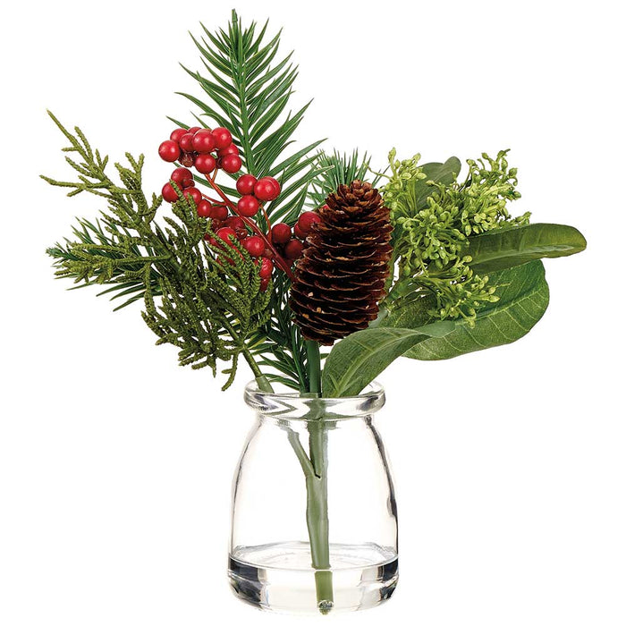 7.5" Berry, Pinecone & Pine Artificial Arrangement w/Glass Vase -Red/Green (Pack of 6) - XLF122-RE/GR
