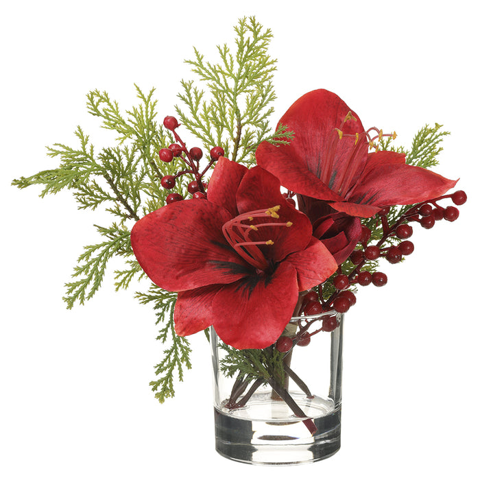 8.5" Artificial Amaryllis Flower Arrangement w/Glass Vase -Red/Green (Pack of 6) - XLF160-RE/GR