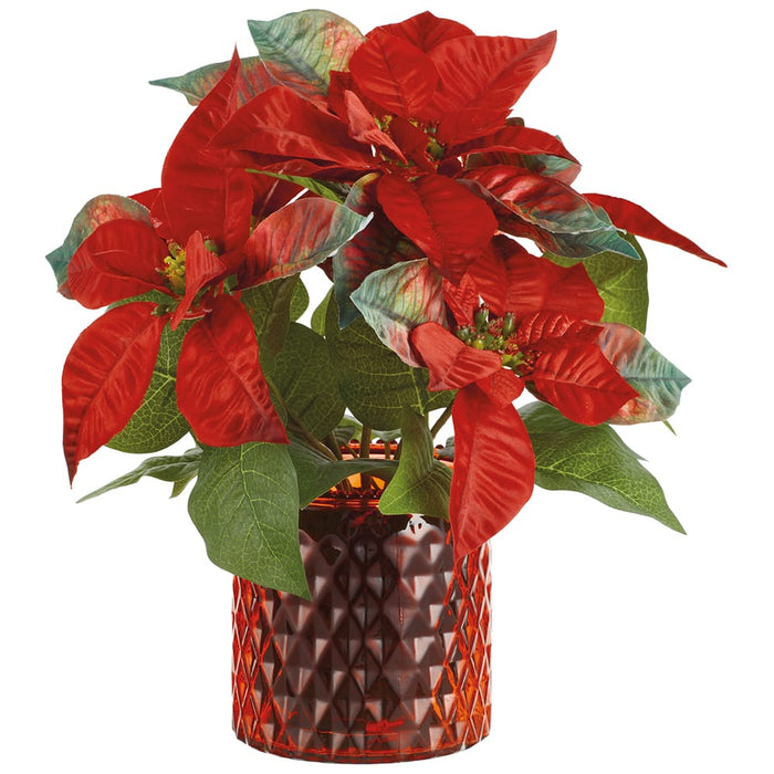 12" Poinsettia Artificial Flower Arrangement w/Glass Vase -Red/Green (Pack of 6) - XLF172-RE/GR