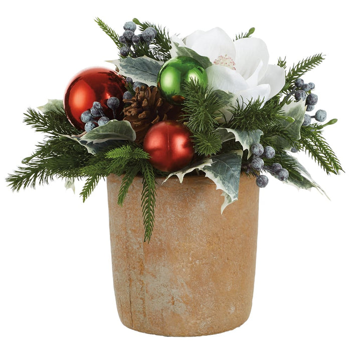 12" Magnolia Flower, Holly, Ball & Pine Artificial Arrangement w/Magnesium Oxide Pot -White/Mixed Colors (Pack of 2) - XLF266-WH/MX