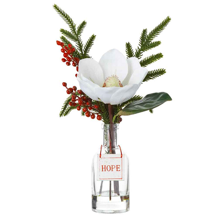 13" Hope Magnolia Flower & Berry Artificial Arrangement w/Glass Vase -White/Red (Pack of 6) - XLF279-WH/RE