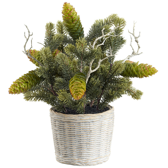 13" Pine, Pinecone & Twig Artificial Arrangement w/Cement Pot -Green (Pack of 2) - XLF312-GR