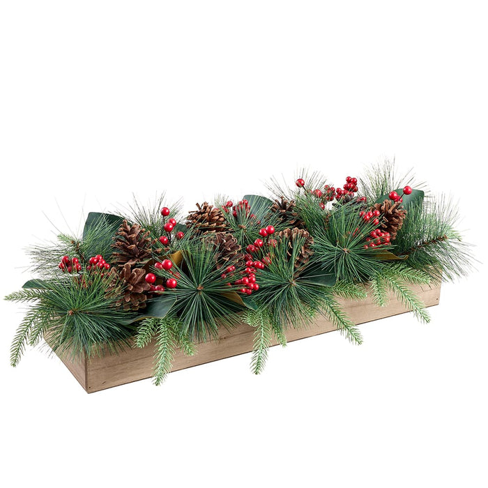 7"Hx28"W Pinecone, Berry & Pine Artificial Arrangement w/Wood Planter -Brown/Red (Pack of 2) - XLF364-BR/RE