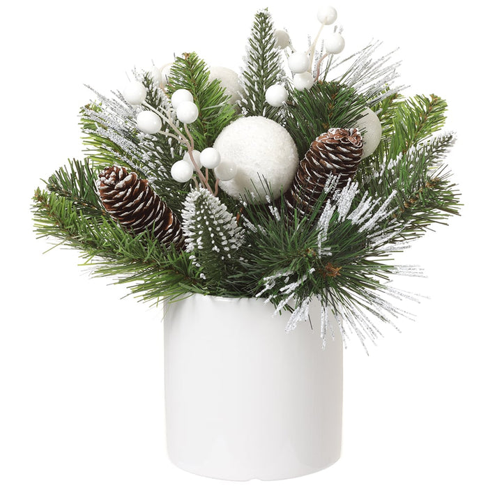 12" Flocked Artificial Ornament Ball, Pinecone & Pine Arrangement w/Ceramic Vase -Green/White (Pack of 4) - XLF410-GR/WH