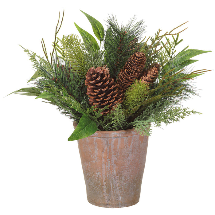 14.5" Frosted Artificial Mixed Pine & Pinecone Arrangement w/Cement Pot -Green/Brown (Pack of 4) - XLF415-GR/BR